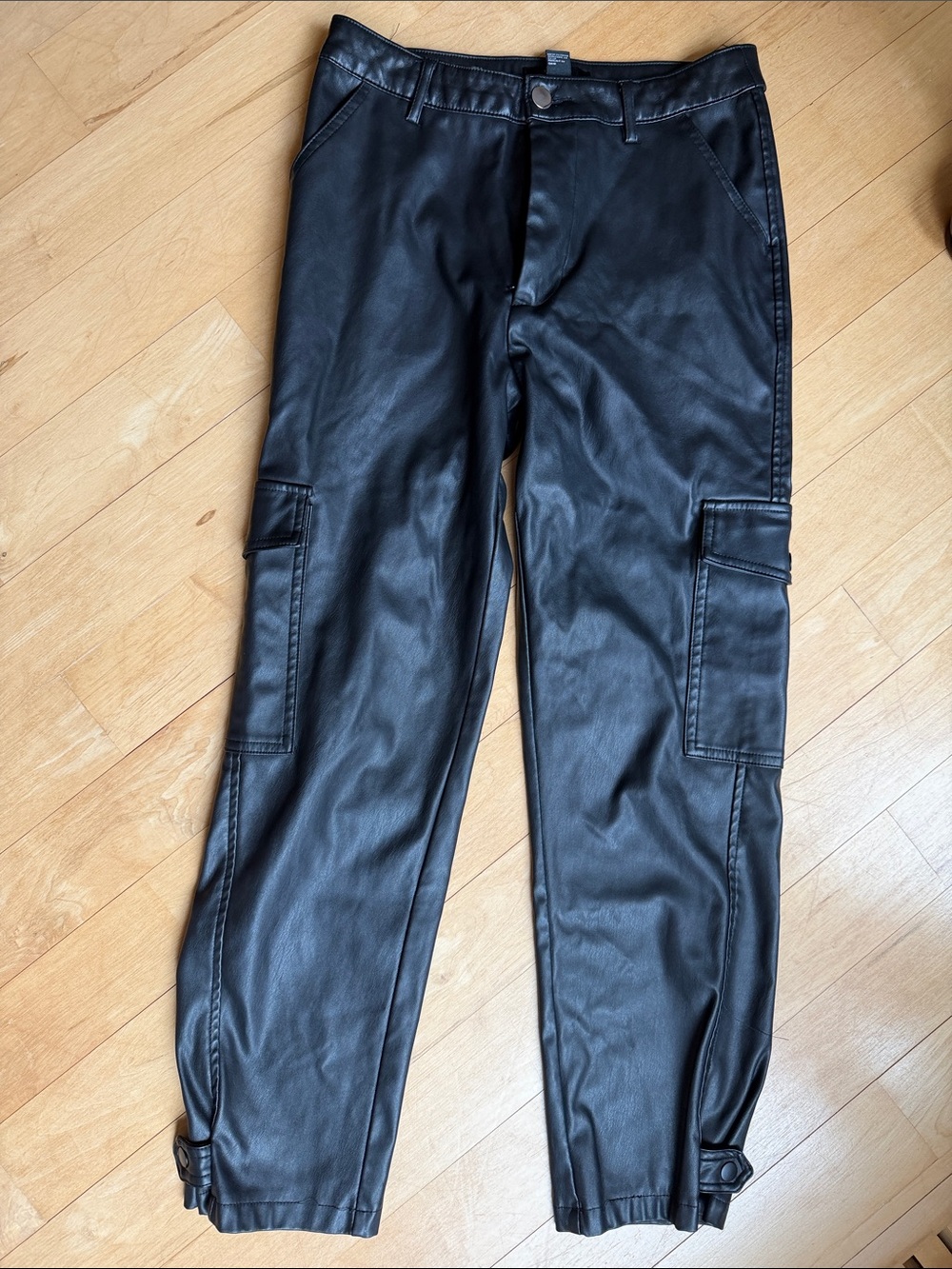Forever 21 Black Faux Leather Wide-Leg Cargo Pants